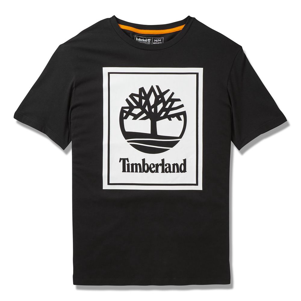 Tricouri Timberland Barbati Negrii/Albi - Short-Sleeve Logo - Romania - OISGAJ658